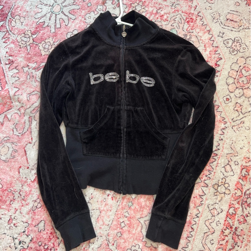Bebe rhinestone long sleeve zip up top